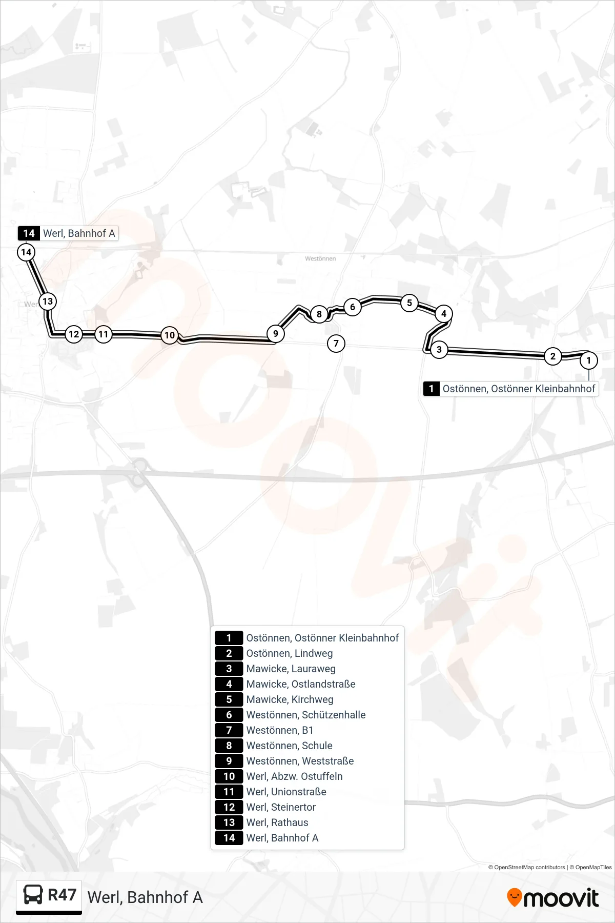 Linie R47 (Bus) Richtung Werl, Bahnhof A: Route und Haltestellen auf der Karte