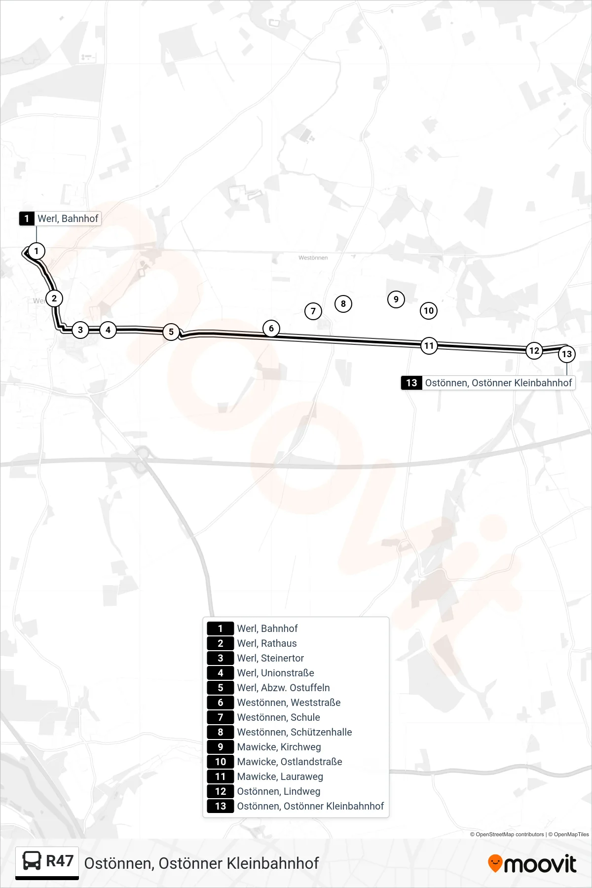 Linie R47 (Bus) Richtung Ostönnen, Ostönner Kleinbahnhof: Route und Haltestellen auf der Karte