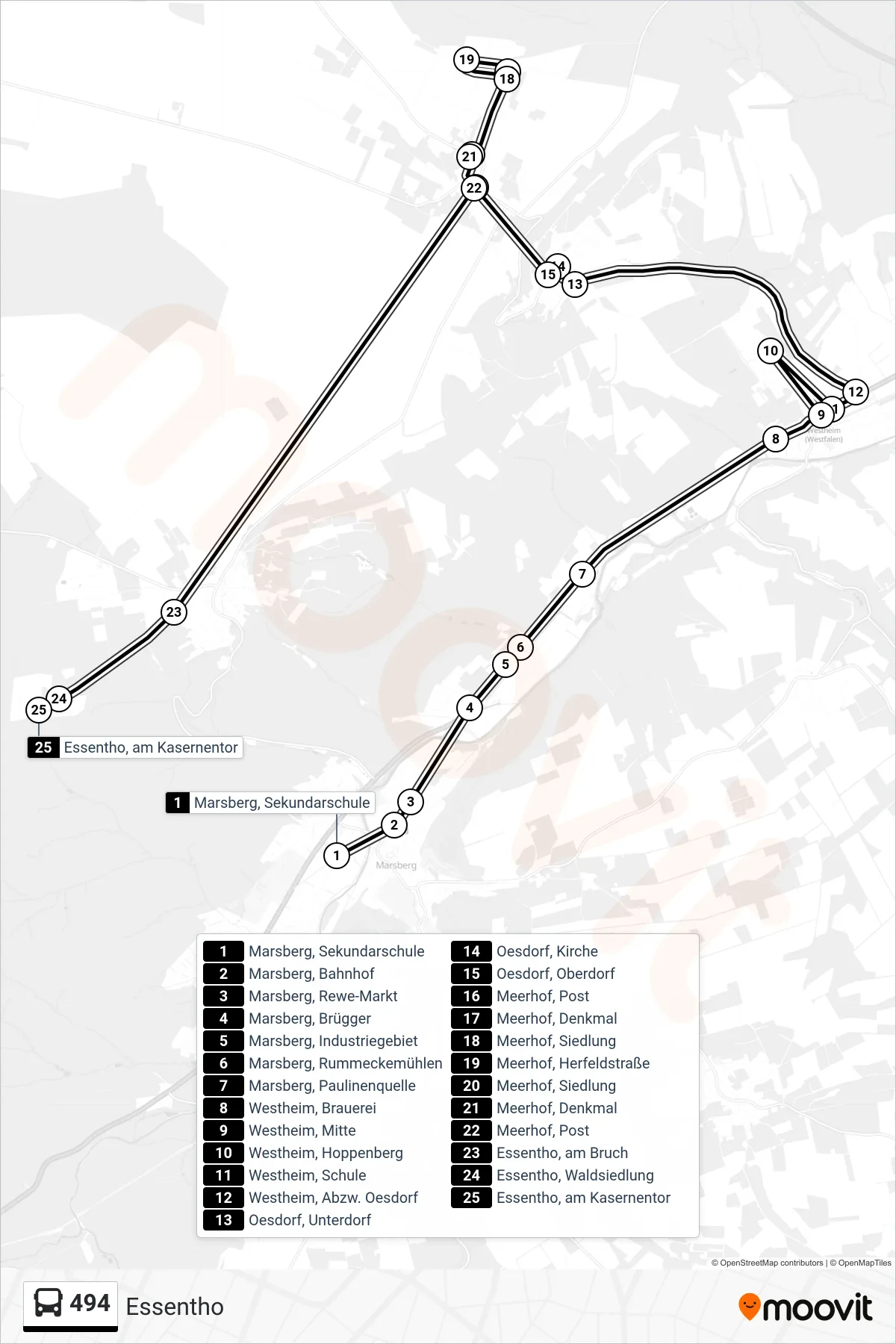 494 bus Line (Essentho) route and stops on a map