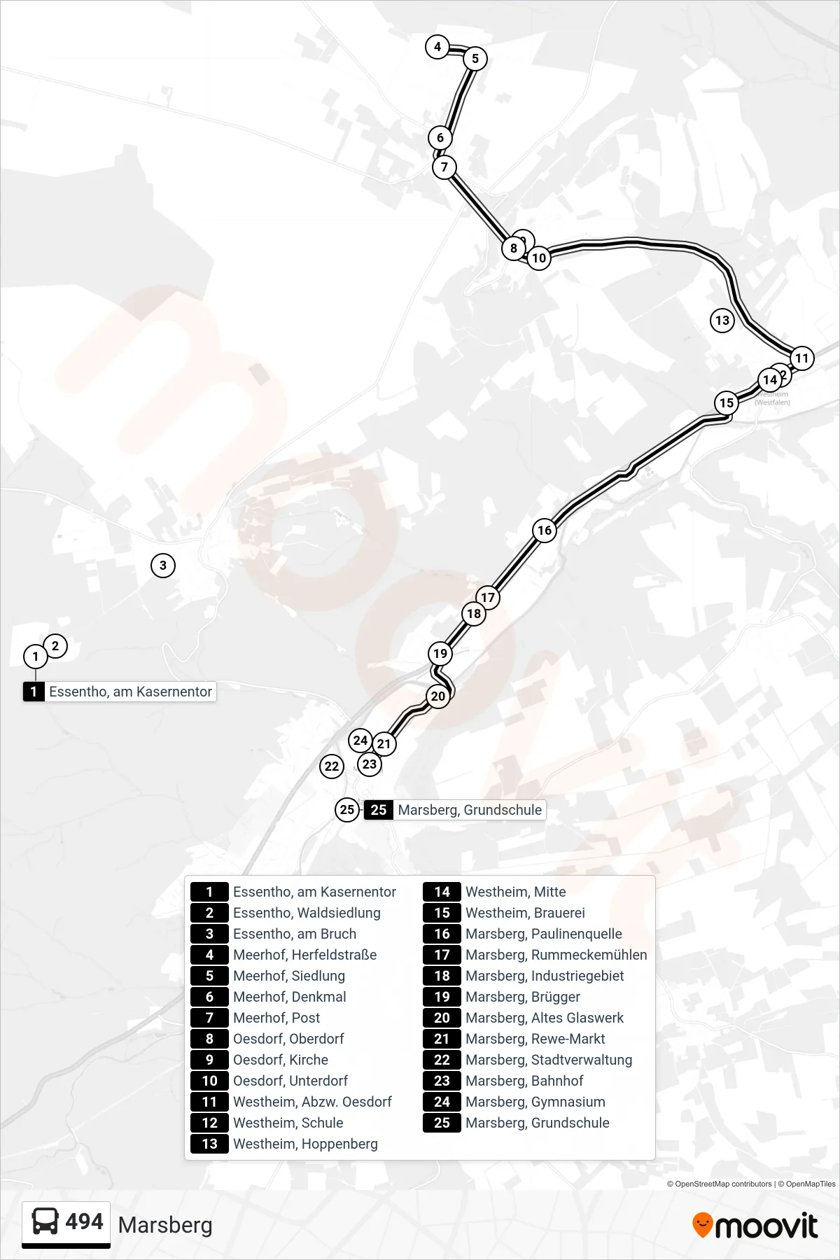 494 bus Line (Marsberg) route and stops on a map