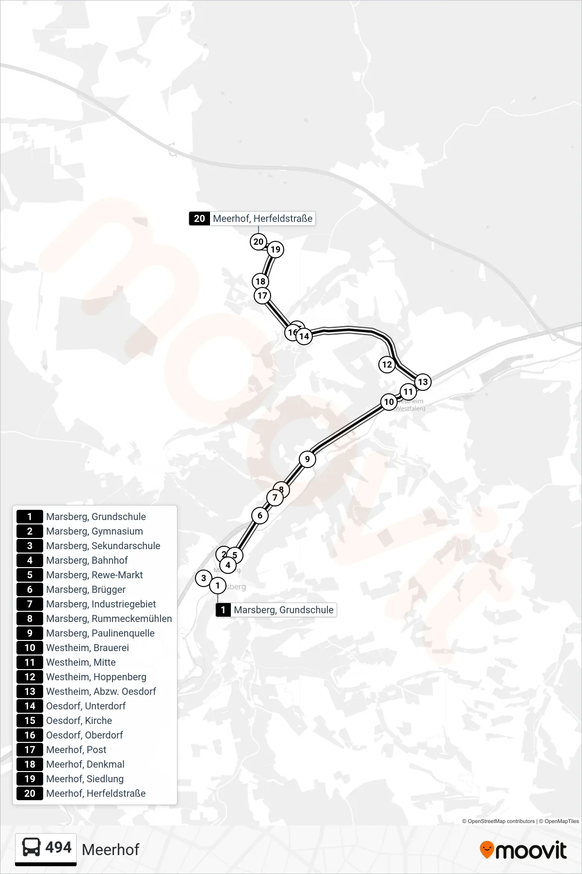 Linie 494 (Bus) Richtung Meerhof: Route und Haltestellen auf der Karte
