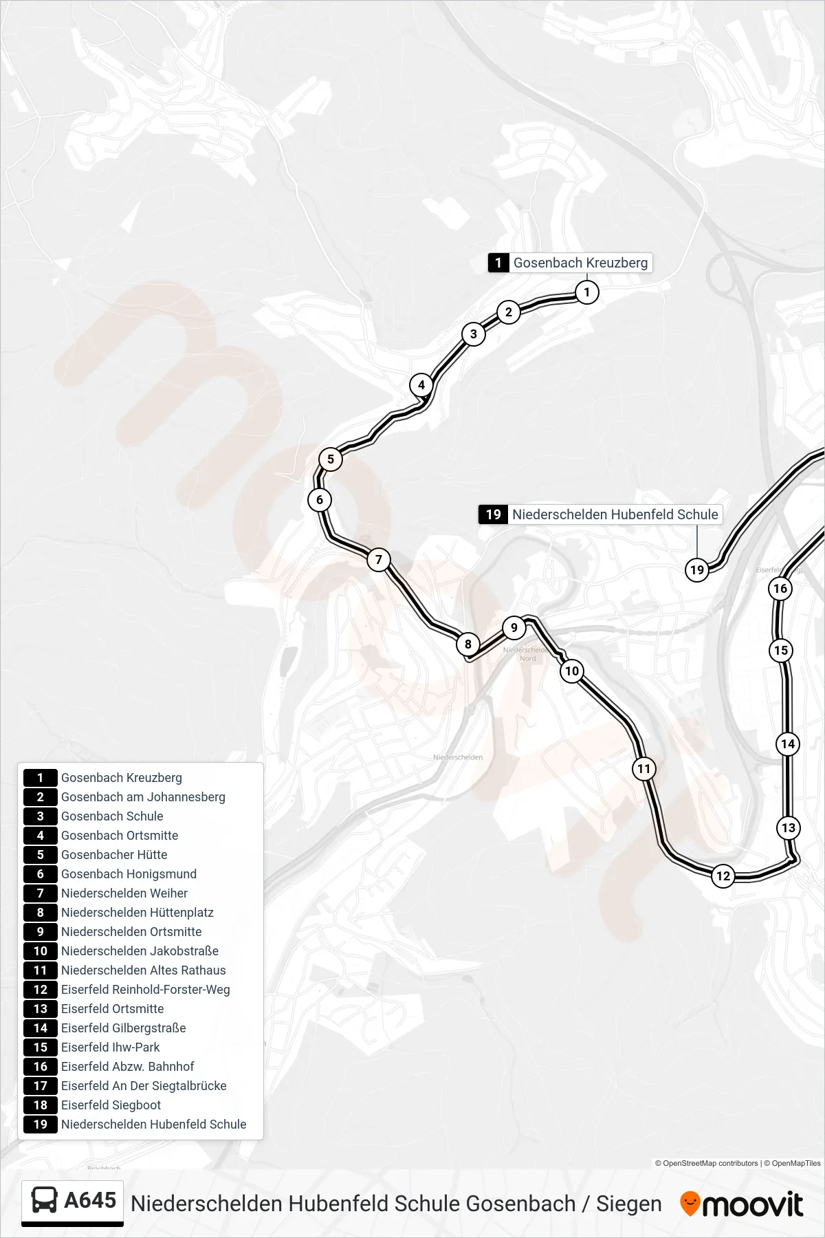 A645 bus Line (Niederschelden Hubenfeld Schule) route and stops on a map