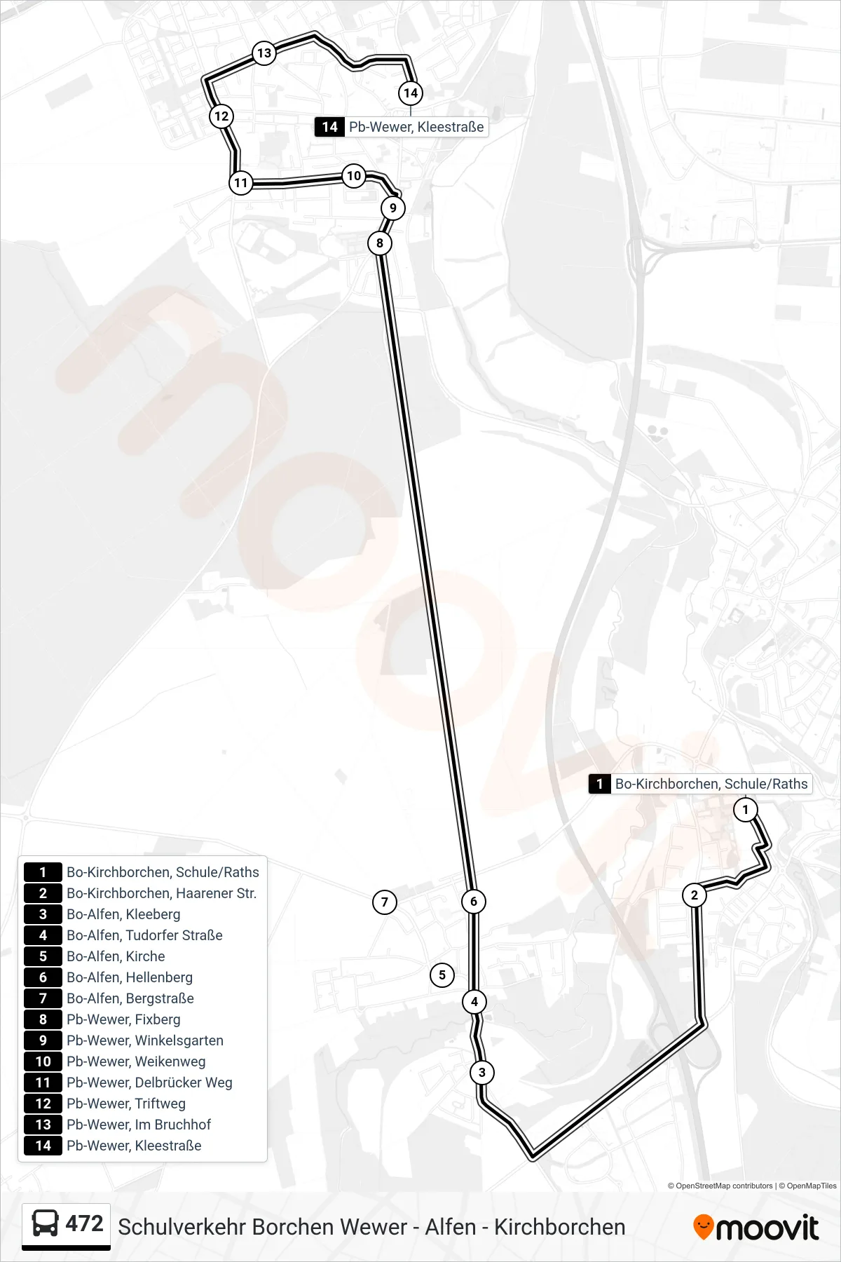 472 bus Line (Pb-Wewer, Kleestraße) route and stops on a map
