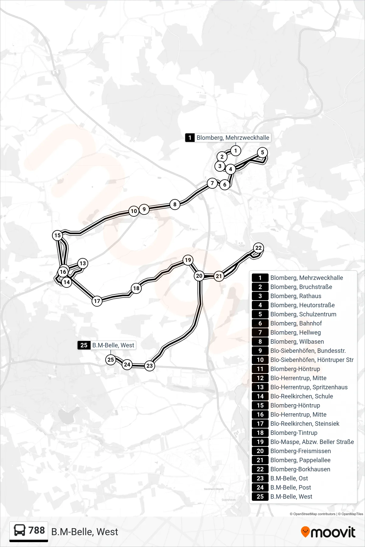 Linie 788 (Bus) Richtung B.M-Belle, West: Route und Haltestellen auf der Karte