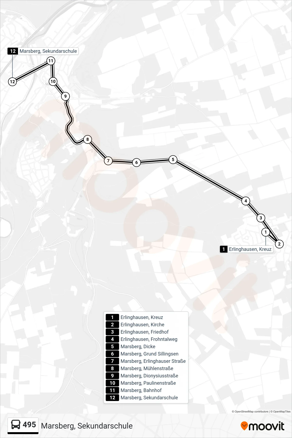 495 bus Line (Marsberg, Sekundarschule) route and stops on a map