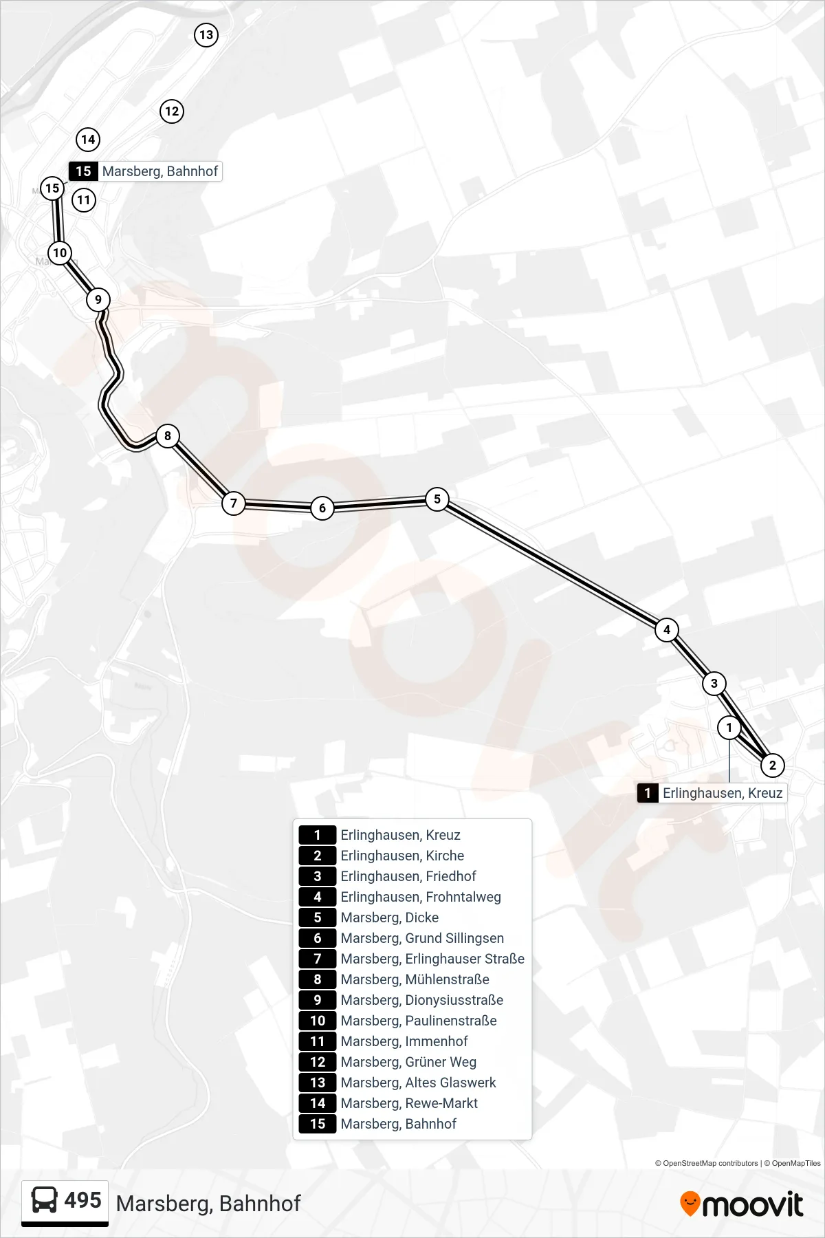 Linie 495 (Bus) Richtung Marsberg, Bahnhof: Route und Haltestellen auf der Karte