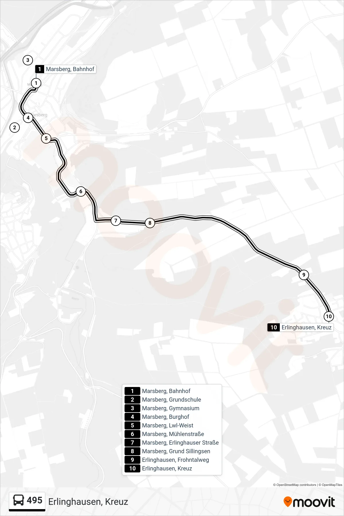 495 bus Line (Erlinghausen, Kreuz) route and stops on a map