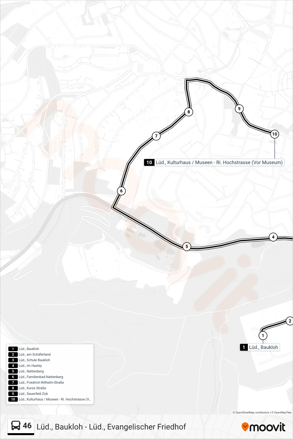 46 bus Line (Lüd., Kulturhaus / Museen - Ri. Hochstrasse (Vor Museum)) route and stops on a map