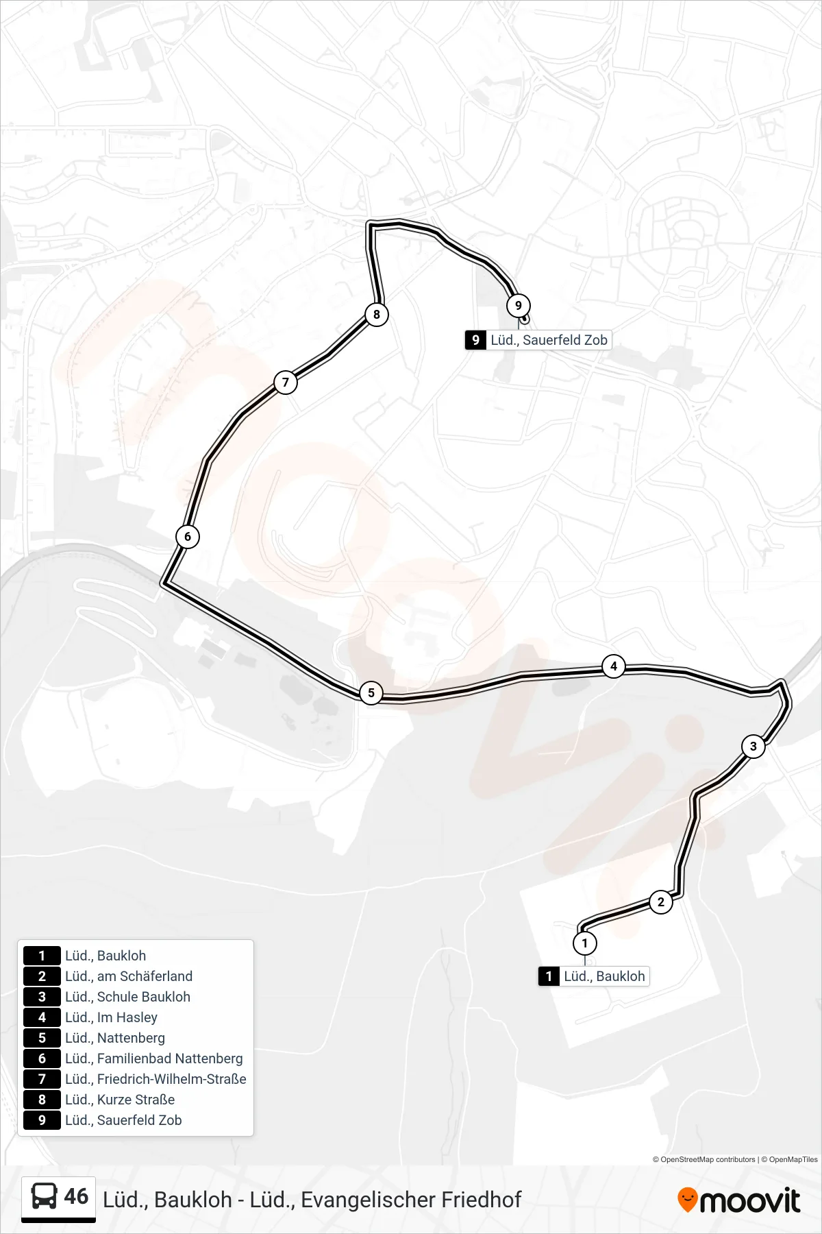 46 bus Line (Lüd., Sauerfeld Zob - Steig 2b) route and stops on a map