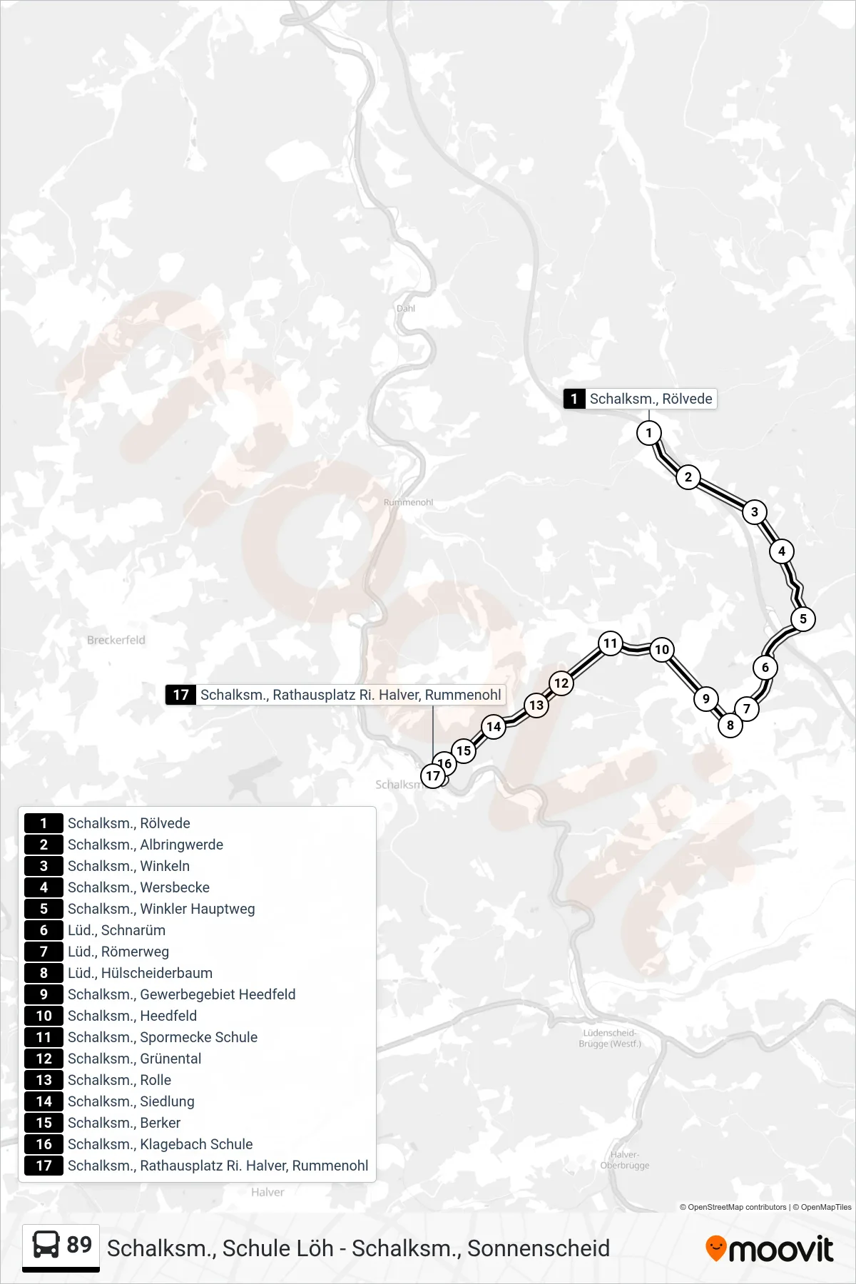 Linie 89 (Bus) Richtung Schalksm., Rathausplatz Ri. Halver, Rummenohl: Route und Haltestellen auf der Karte