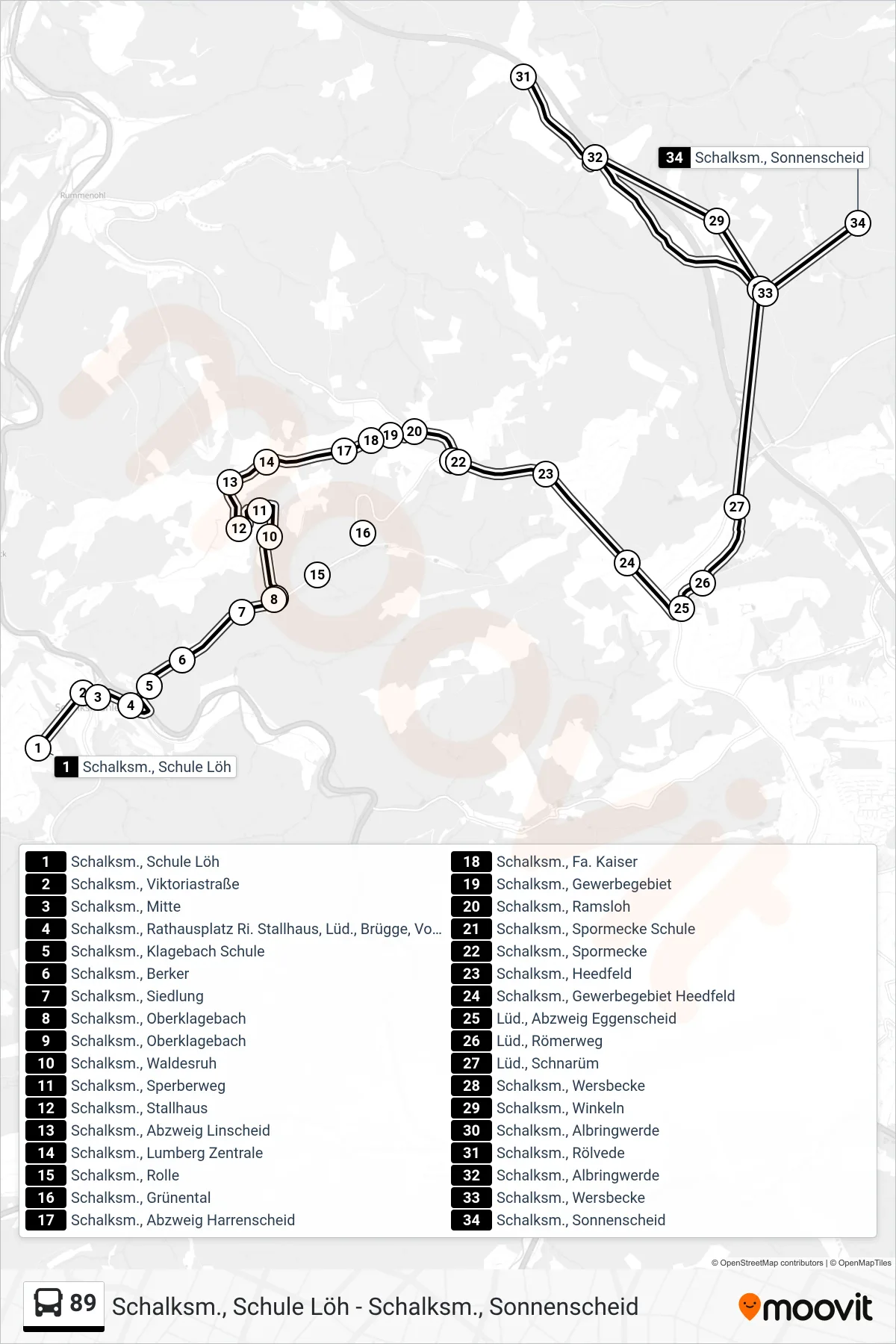 89 bus Line (Schalksm., Sonnenscheid) route and stops on a map
