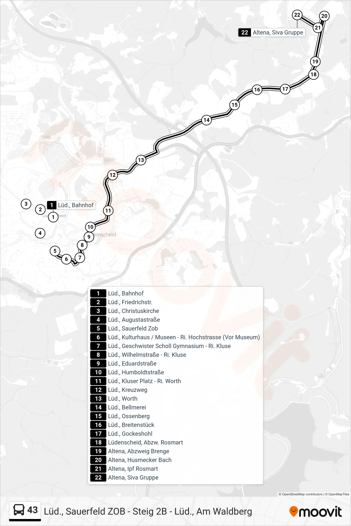 Linie 43 (Bus) Richtung Altena, Siva Gruppe: Route und Haltestellen auf der Karte