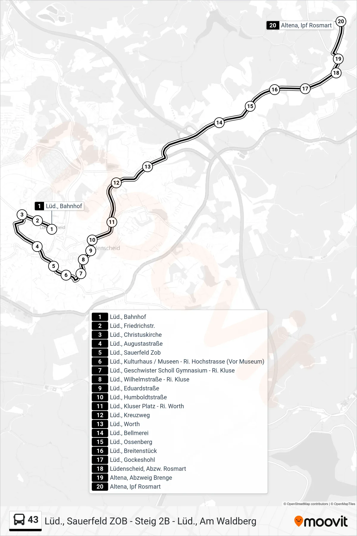 43 bus Line (Altena, Ipf Rosmart) route and stops on a map