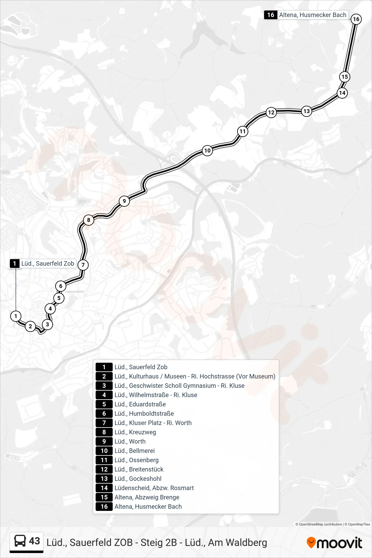 43 bus Line (Altena, Husmecker Bach) route and stops on a map
