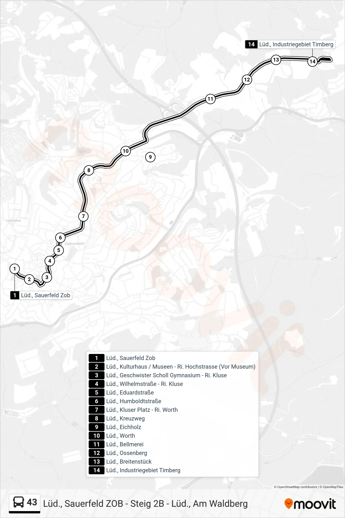 43 bus Line (Lüd., Industriegebiet Timberg) route and stops on a map