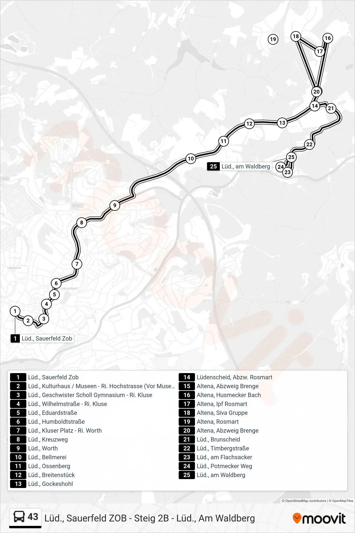 43 bus Line (Lüd., am Waldberg) route and stops on a map