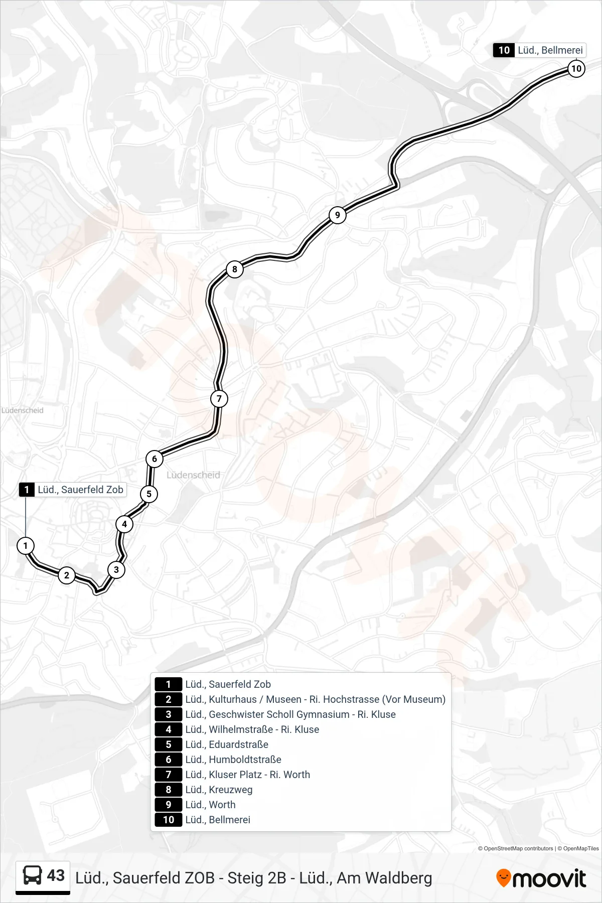 43 bus Line (Lüd., Bellmerei) route and stops on a map