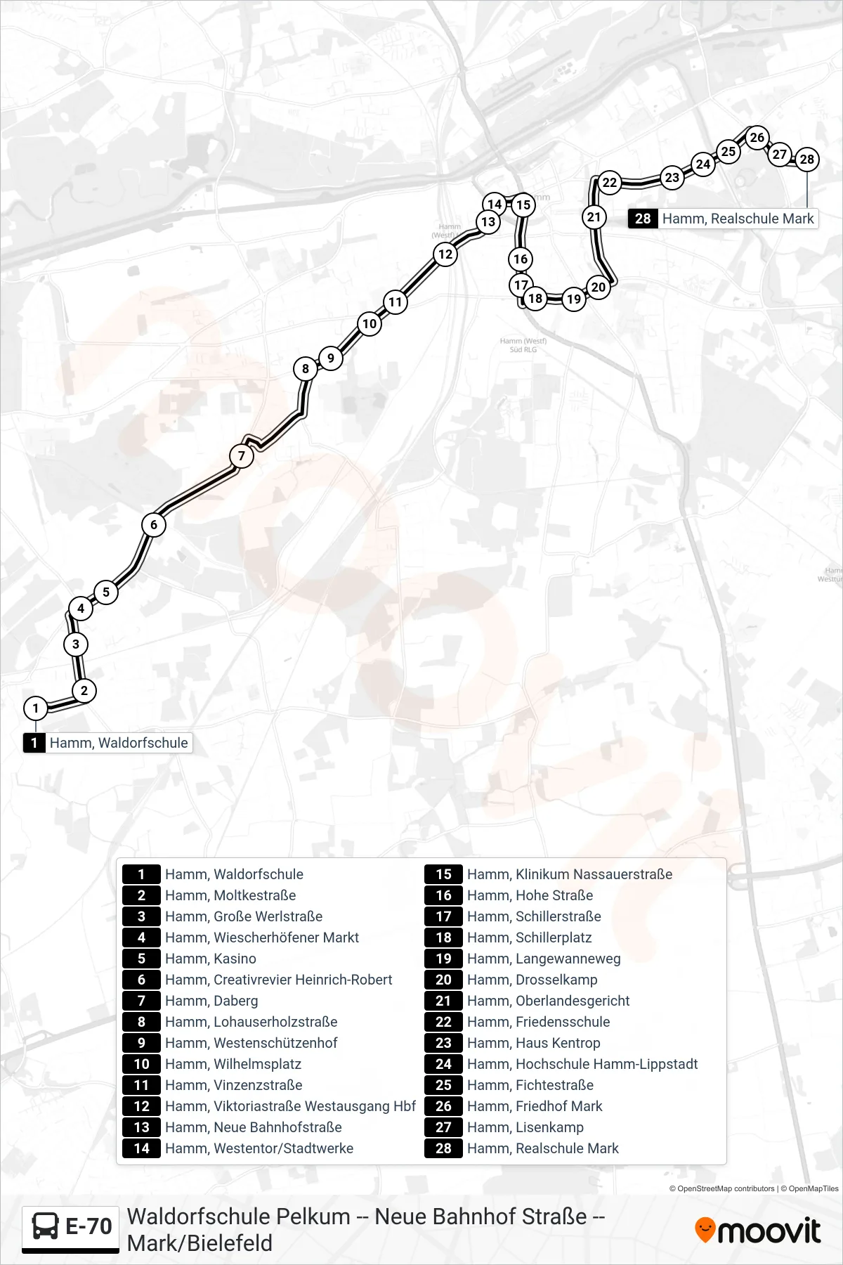 Linie E-70 (Bus) Richtung Hamm, Realschule Mark: Route und Haltestellen auf der Karte