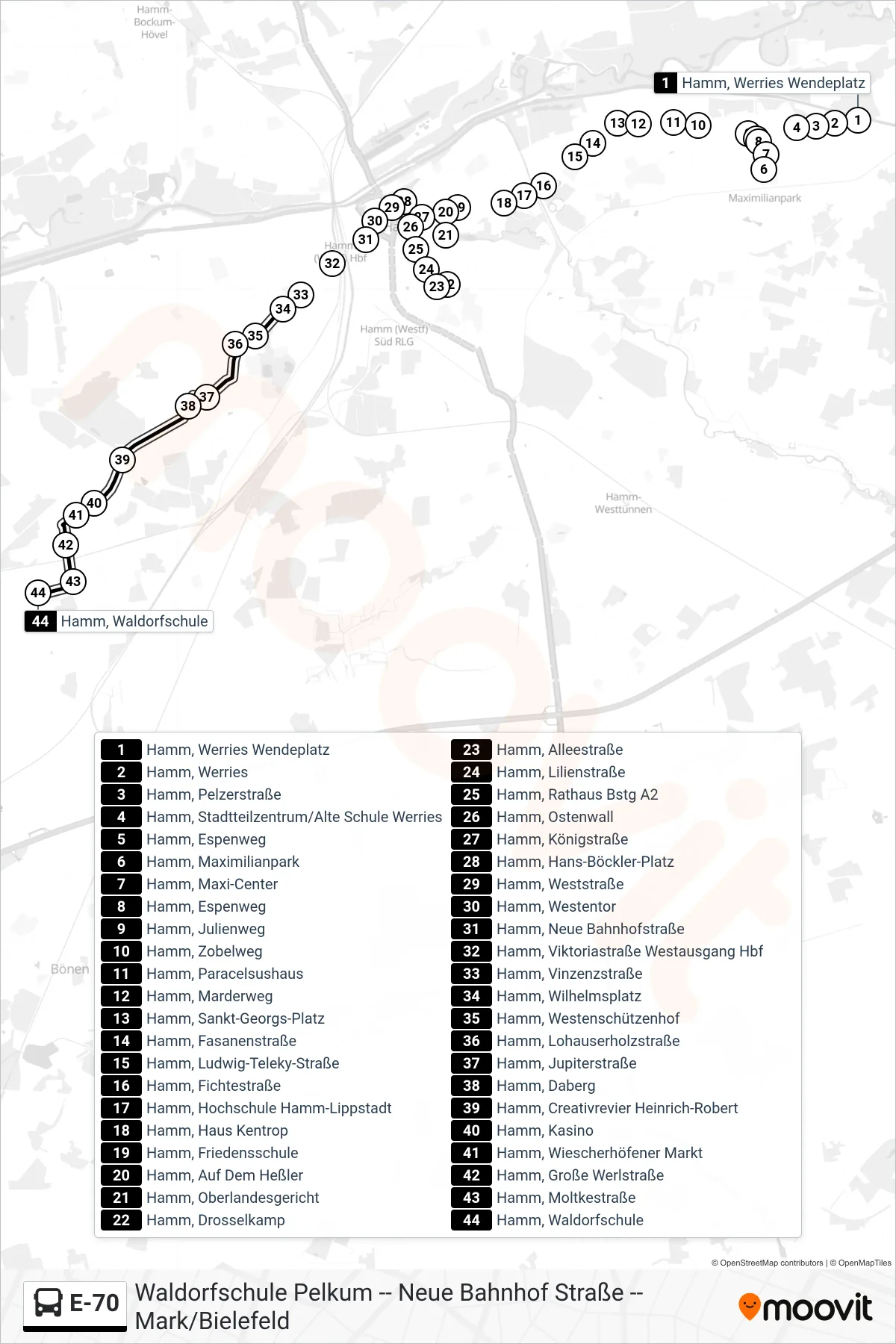 Linie E-70 (Bus) Richtung Hamm, Waldorfschule: Route und Haltestellen auf der Karte
