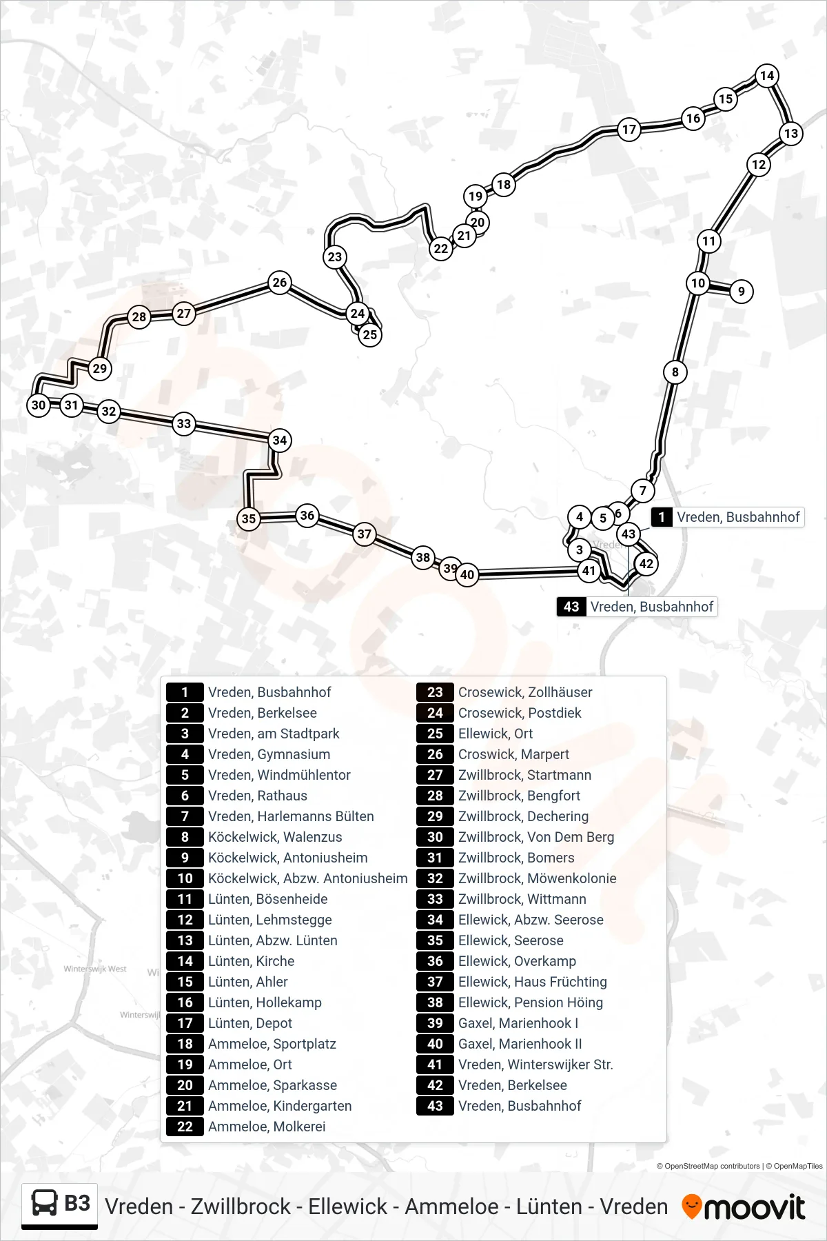 Linie B3 (Tram) Richtung Vreden, Busbahnhof Bstg D: Route und Haltestellen auf der Karte
