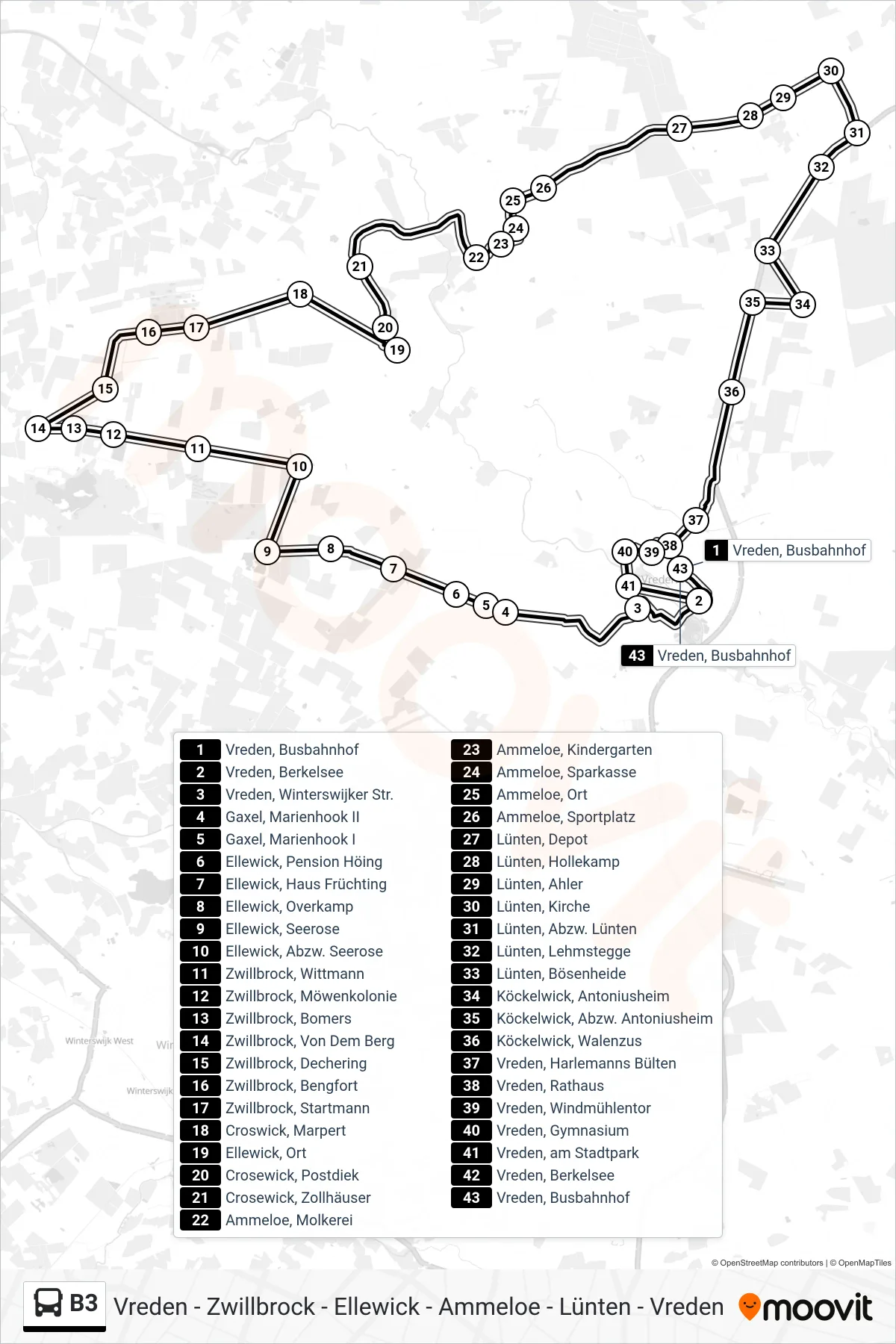 B3 tram Line (Vreden, Busbahnhof Bstg D) route and stops on a map