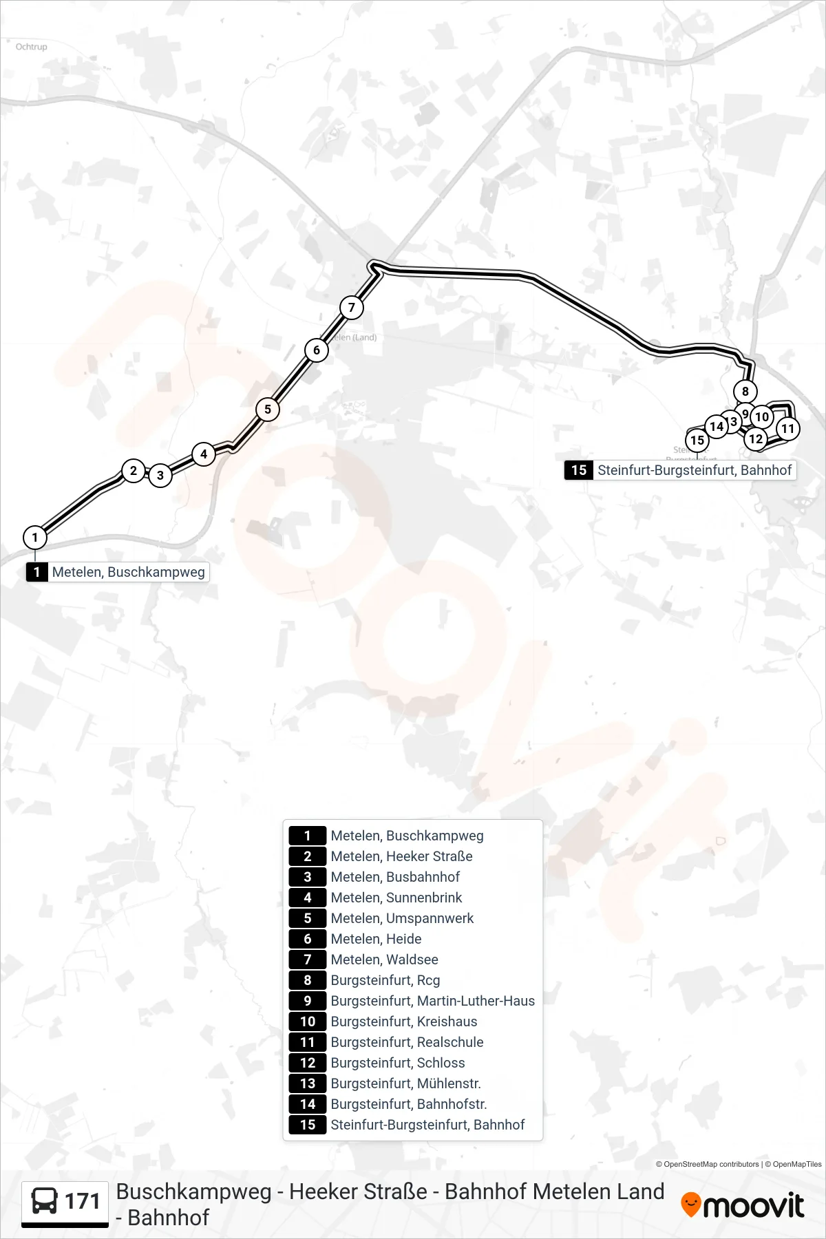 Linie 171 (Bus) Richtung Steinfurt-Burgsteinfurt, Bahnhof: Route und Haltestellen auf der Karte