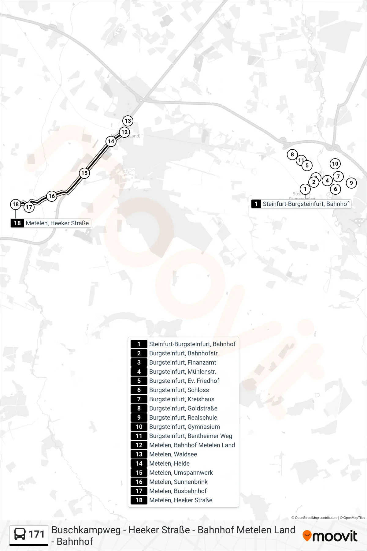 171 bus Line (Metelen, Heeker Straße) route and stops on a map