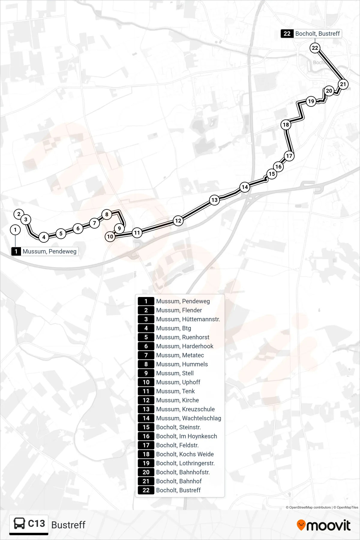 Linie C13 (Tram) Richtung Bustreff: Route und Haltestellen auf der Karte
