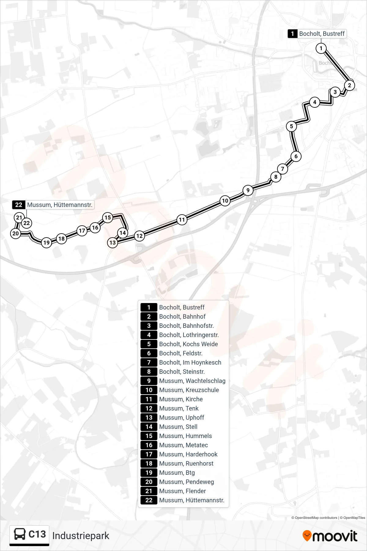 C13 tram Line (Industriepark) route and stops on a map