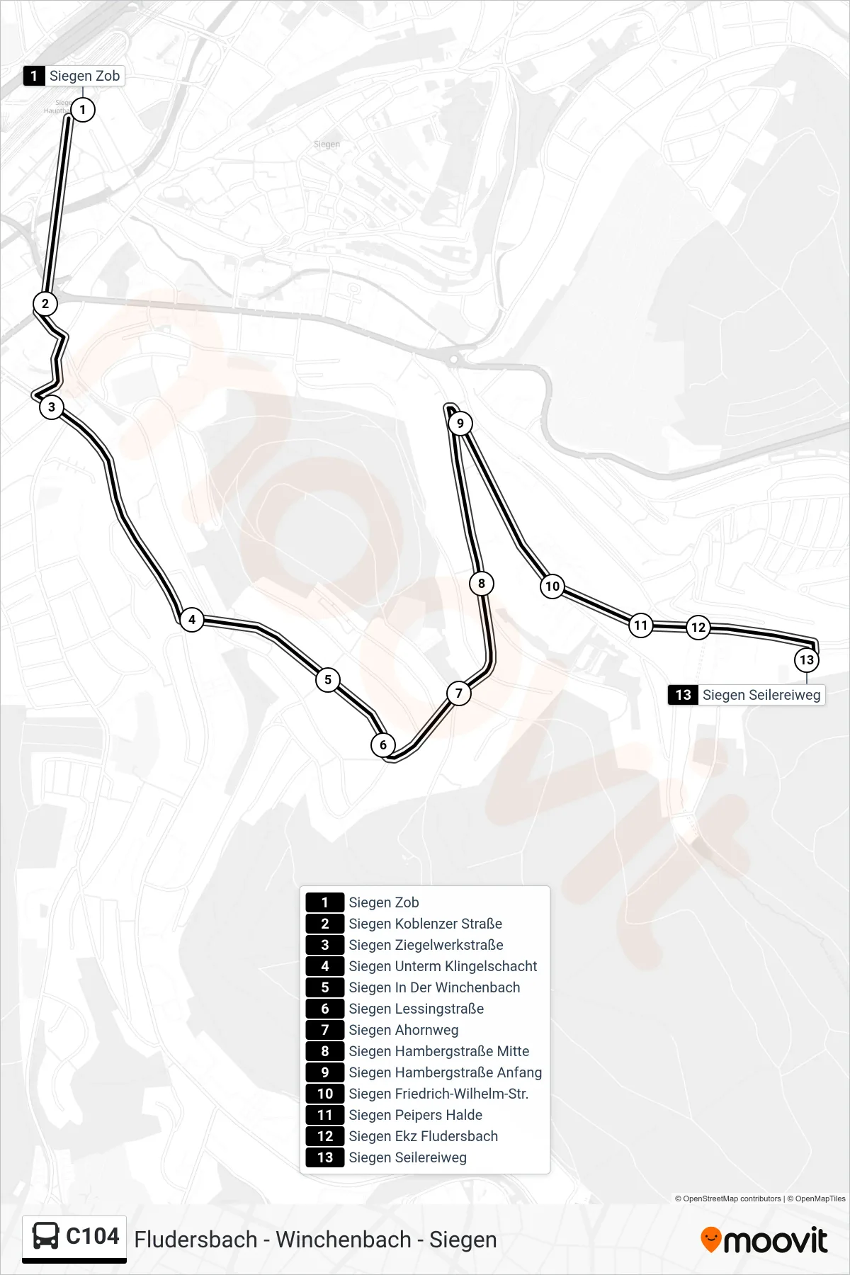 C104 bus Line (Siegen Seilereiweg) route and stops on a map
