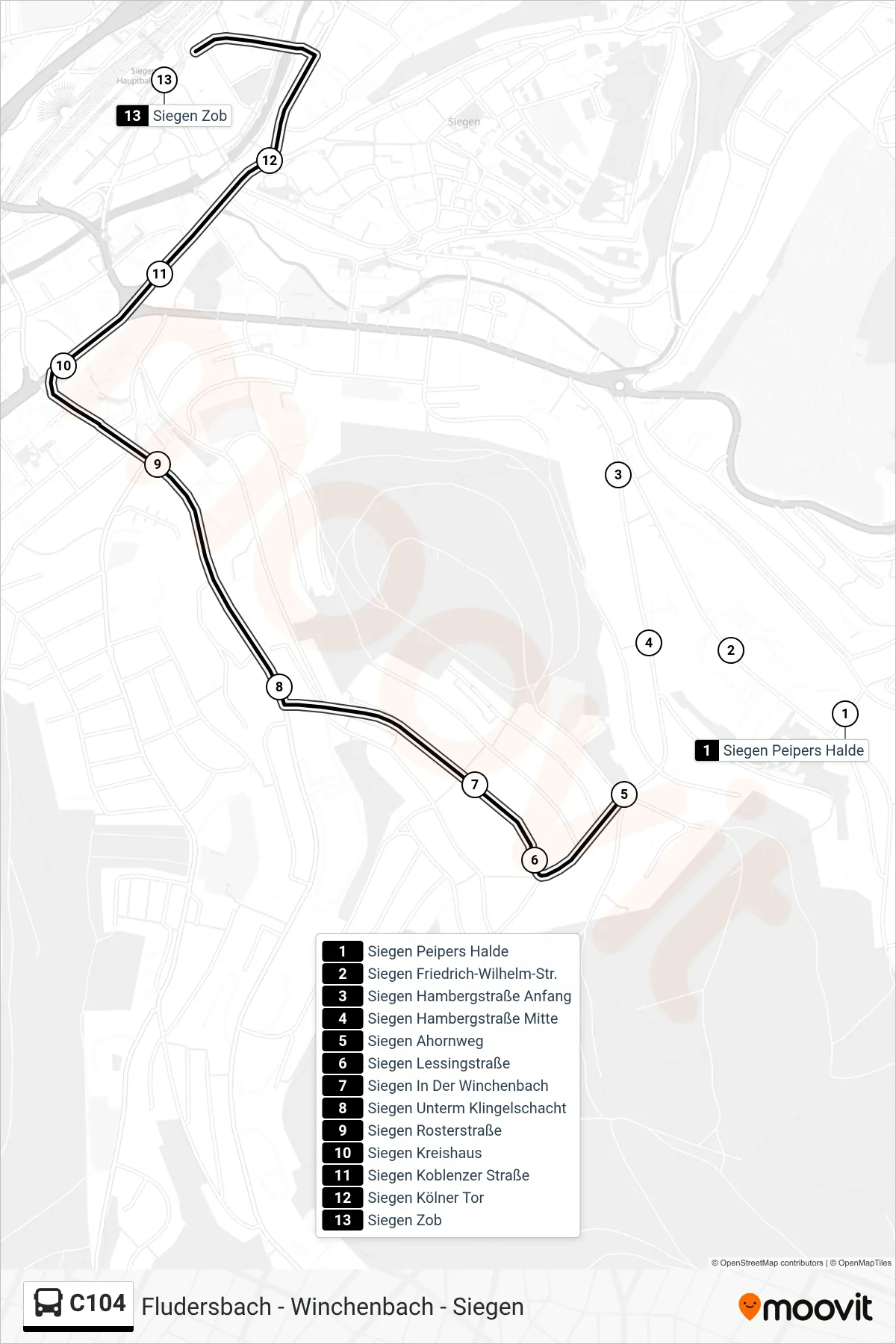 Linie C104 (Bus) Richtung Siegen Zob Bstg A: Route und Haltestellen auf der Karte