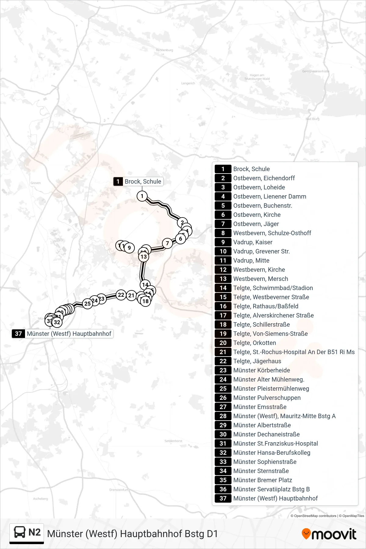 N2 bus Line (Münster (Westf)  Hauptbahnhof Bstg D1) route and stops on a map