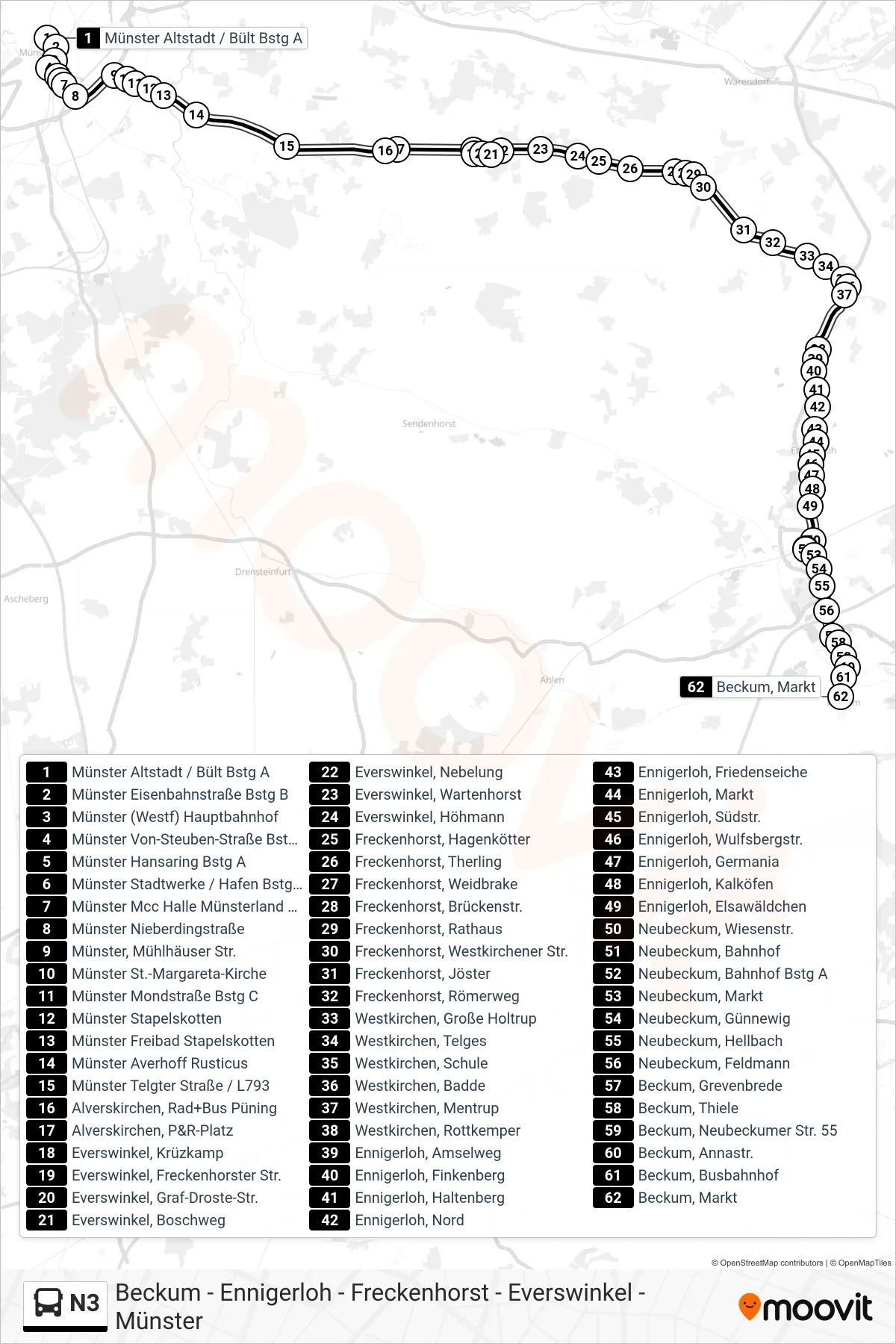 N3 bus Line (Beckum, Markt) route and stops on a map