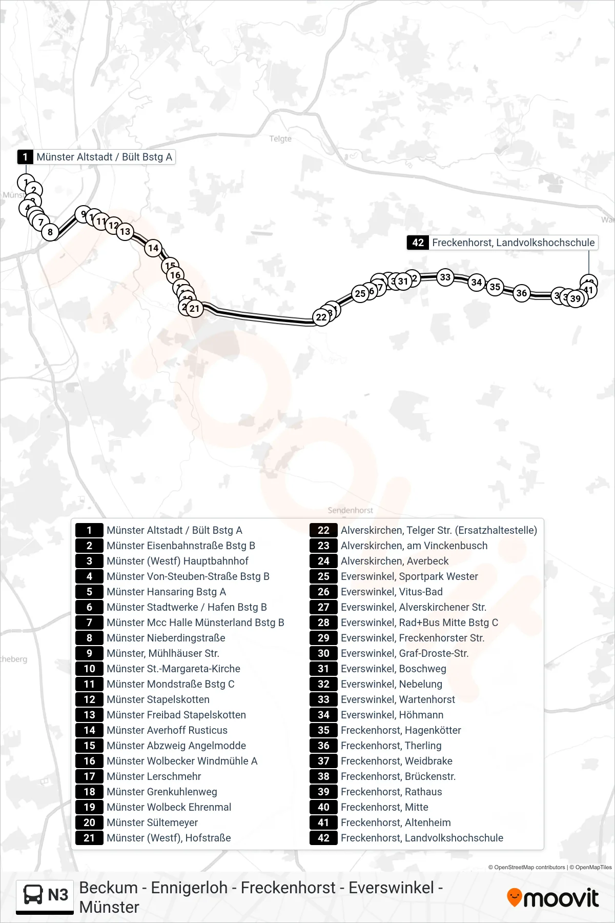 N3 bus Line (Freckenhorst, Landvolkshochschule) route and stops on a map