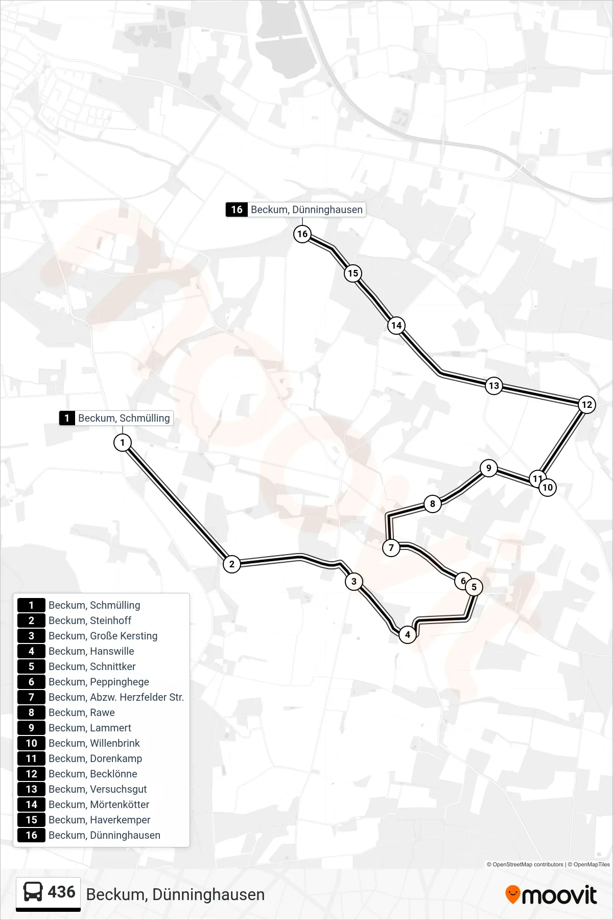 436 bus Line (Beckum, Dünninghausen) route and stops on a map