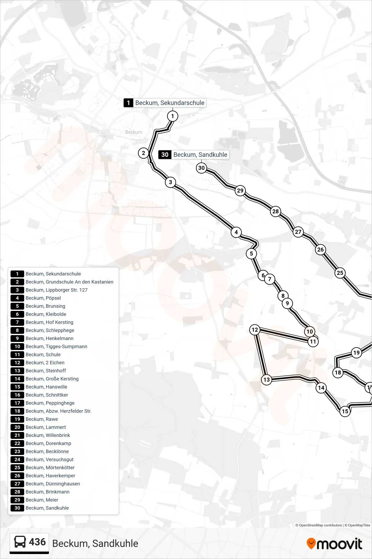 436 bus Line (Beckum, Sandkuhle) route and stops on a map