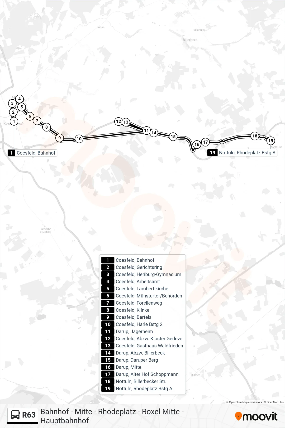 R63 bus Line (Nottuln, Rhodeplatz Bstg A) route and stops on a map