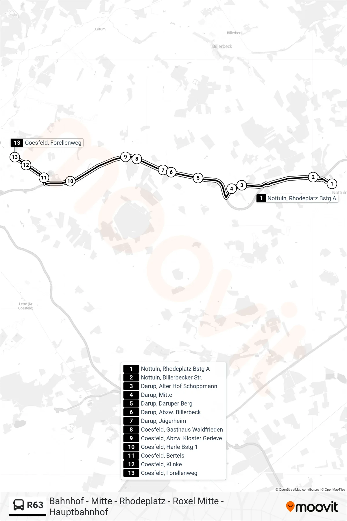 R63 bus Line (Coesfeld, Forellenweg) route and stops on a map