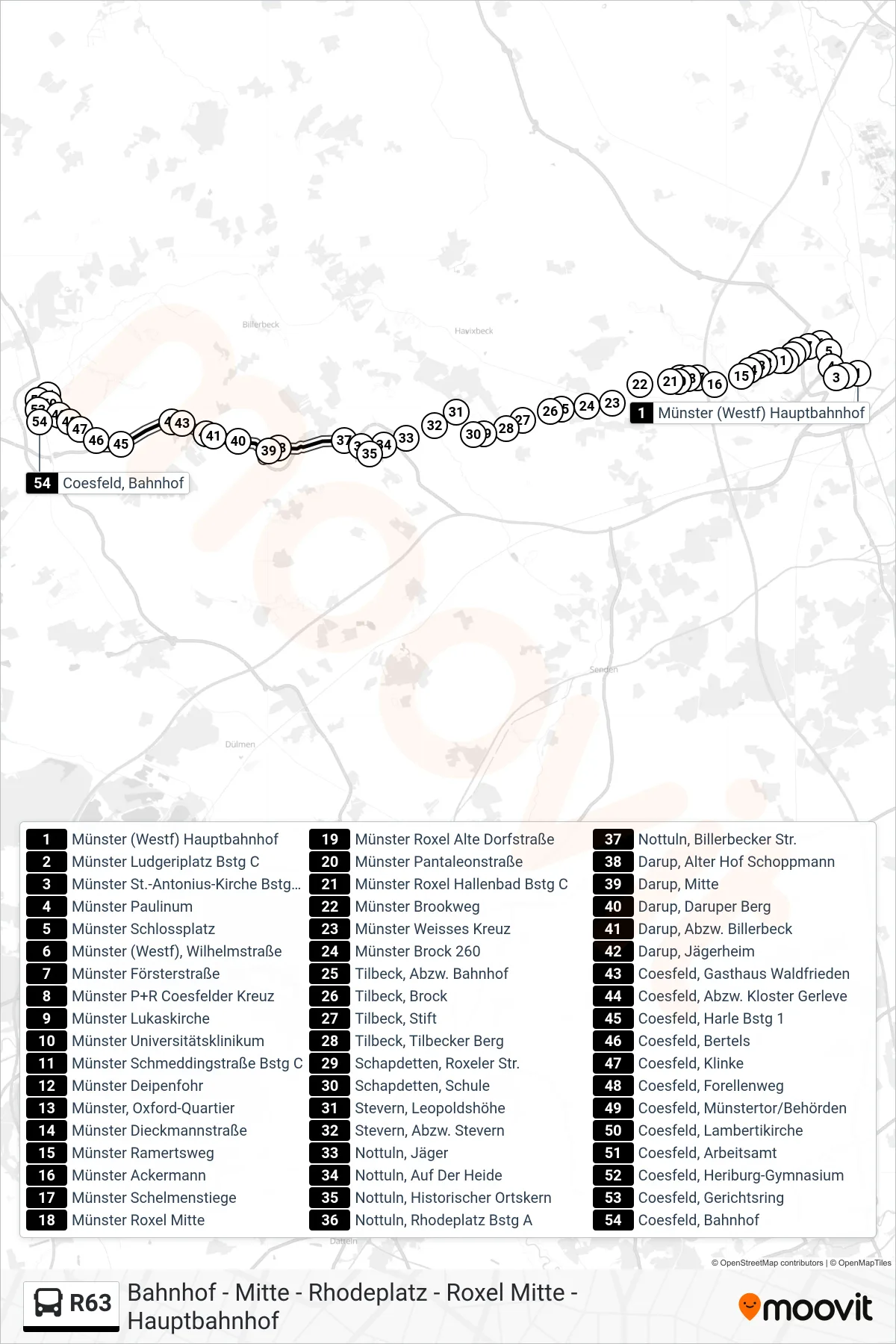 R63 bus Line (Coesfeld, Bahnhof Bussteig A) route and stops on a map
