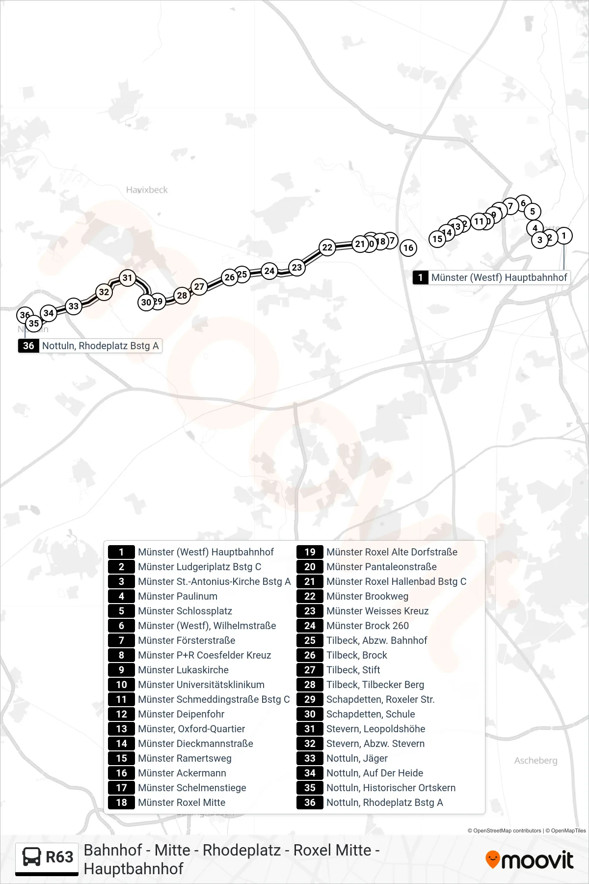 R63 bus Line (Nottuln, Rhodeplatz Bstg A) route and stops on a map