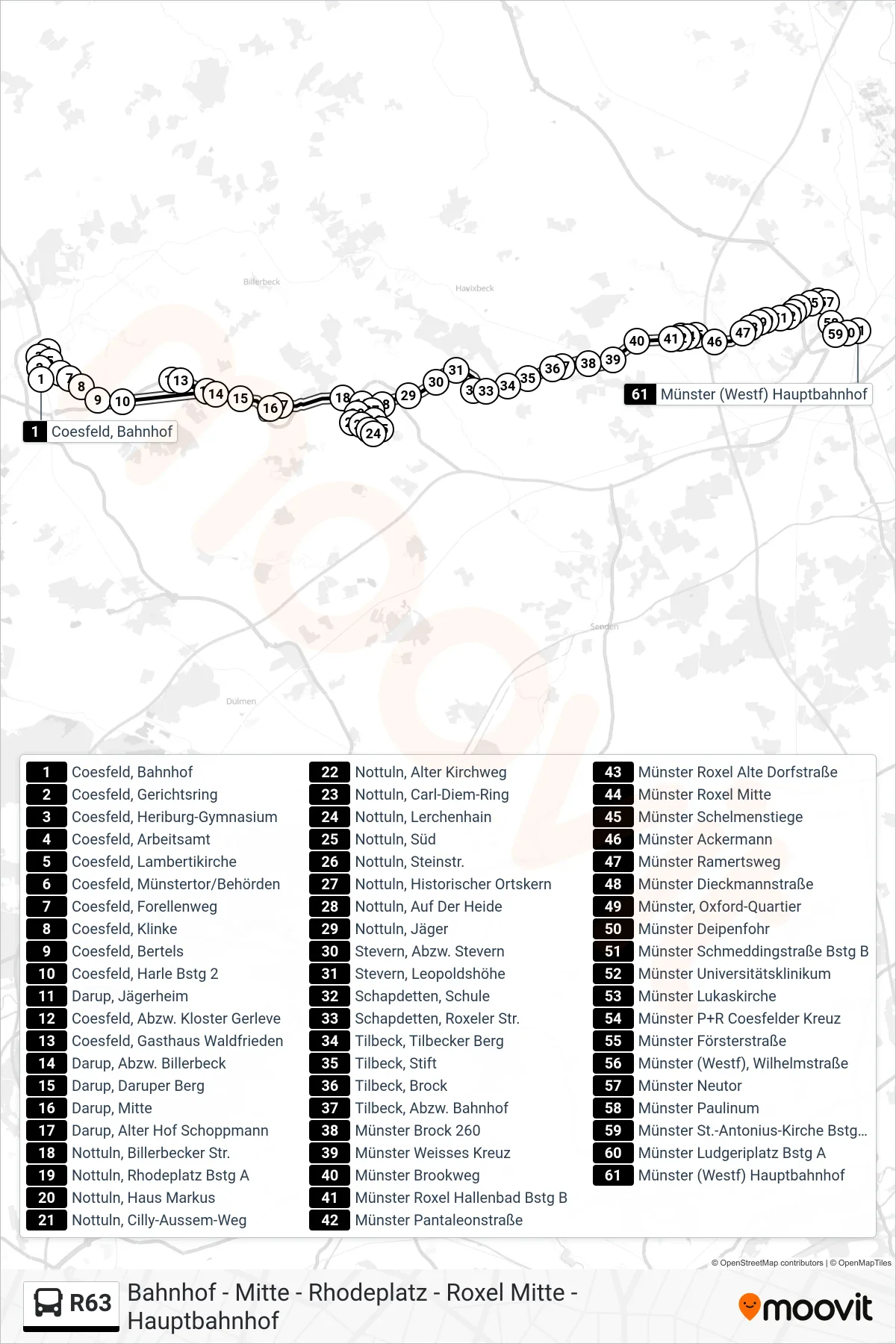 Linie R63 (Bus) Richtung Münster (Westf)  Hauptbahnhof Bstg C3: Route und Haltestellen auf der Karte