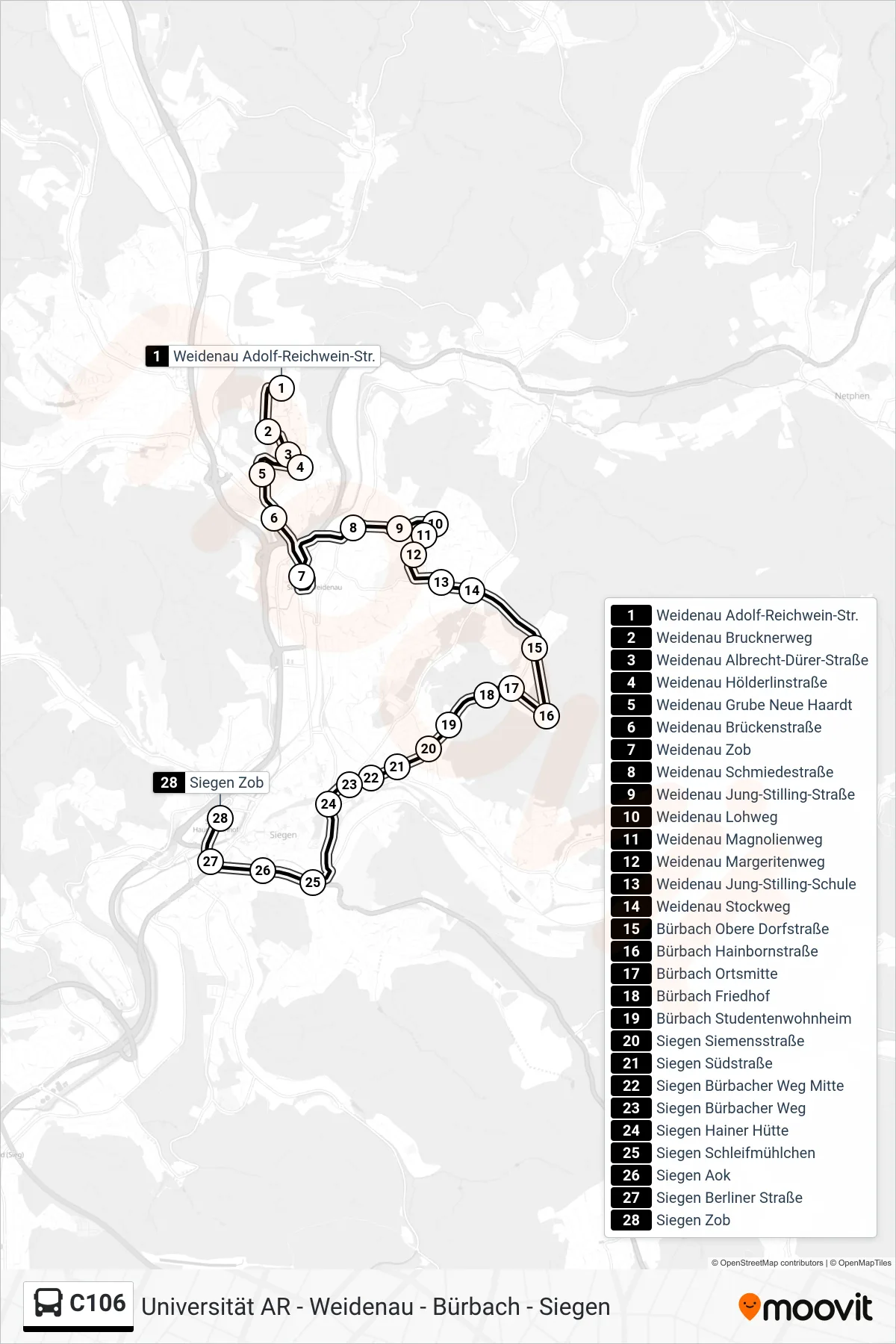 C106 bus Line (Siegen Zob Bstg E) route and stops on a map