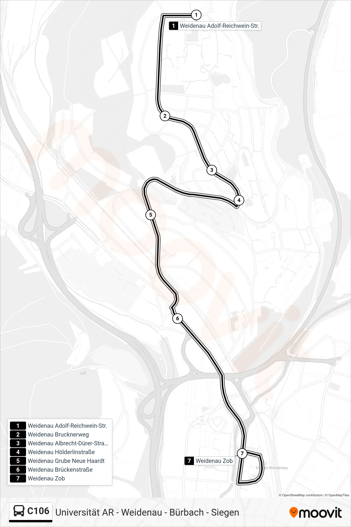 C106 bus Line (Weidenau Zob Bstg 4a) route and stops on a map