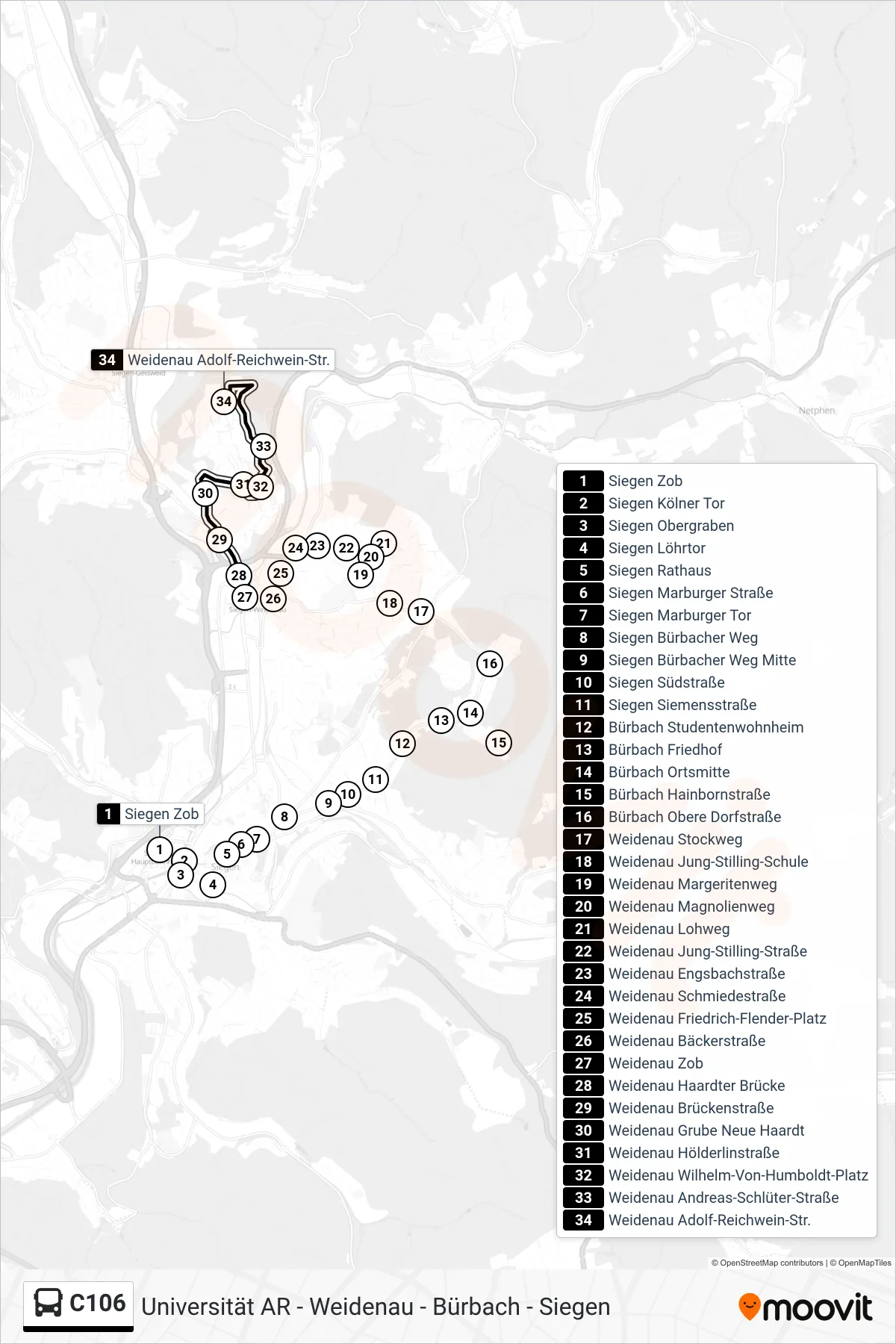C106 bus Line (Weidenau Adolf-Reichwein-Str.) route and stops on a map