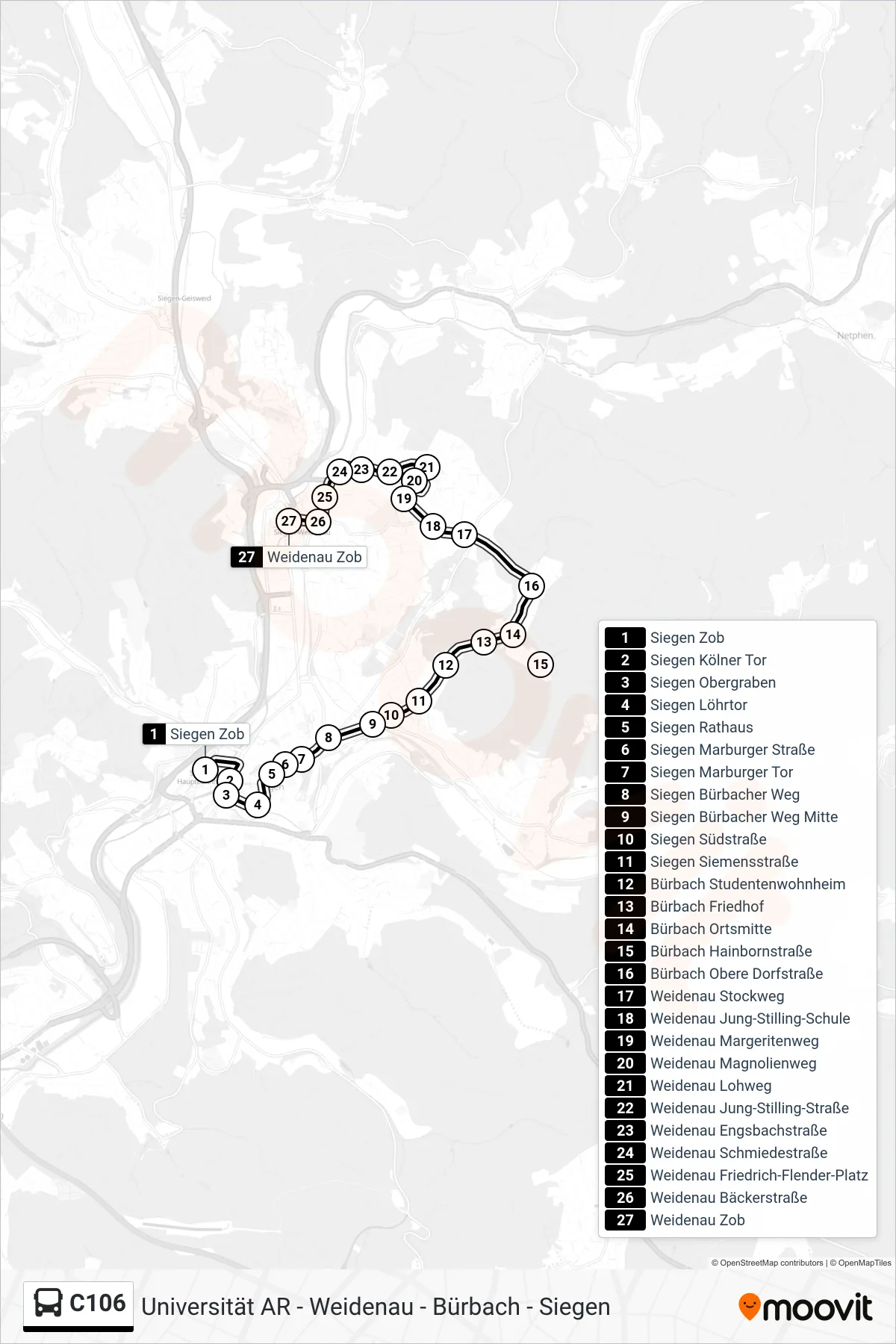 Linie C106 (Bus) Richtung Weidenau Zob Bstg 3a: Route und Haltestellen auf der Karte