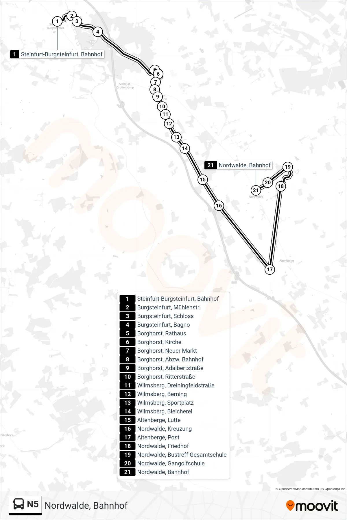 N5 bus Line (Nordwalde, Bahnhof) route and stops on a map