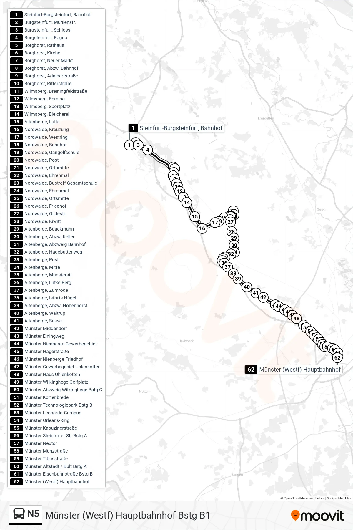 N5 bus Line (Münster (Westf) Hauptbahnhof Bstg B1) route and stops on a map