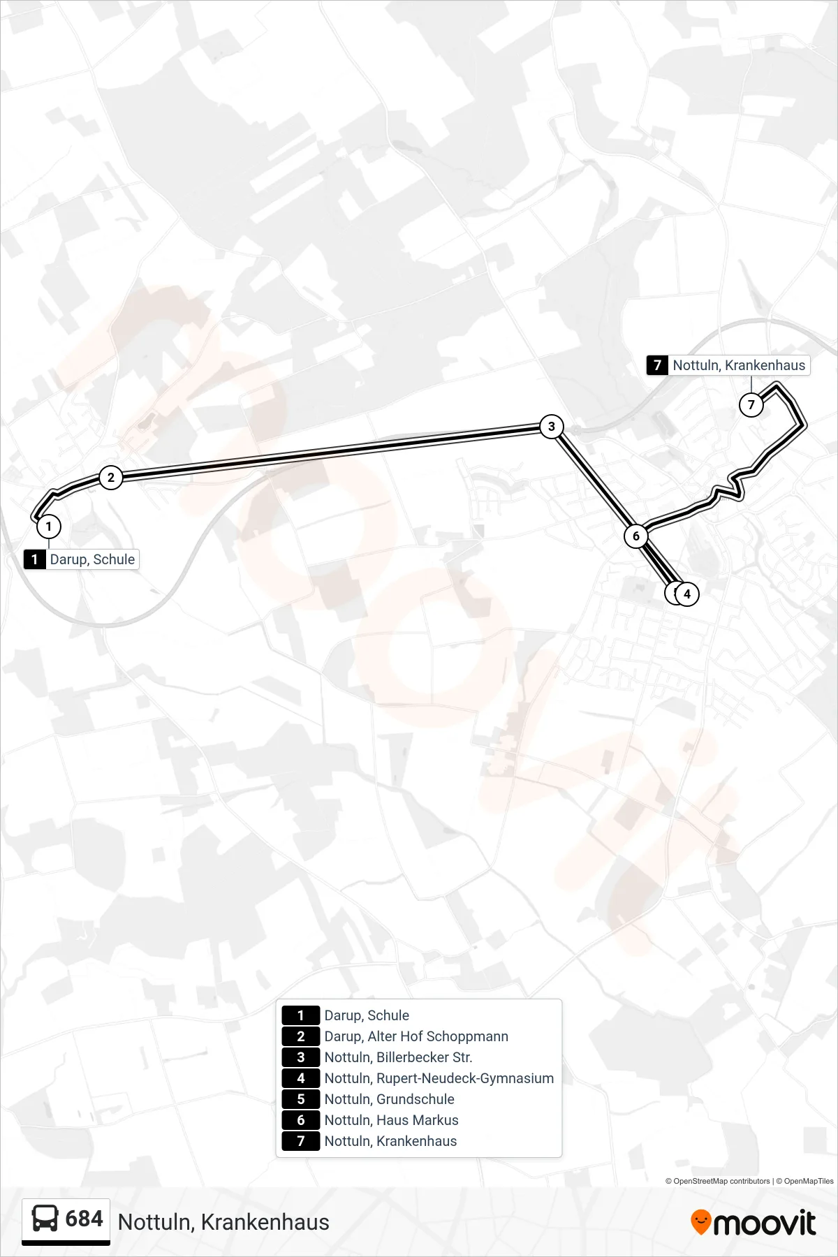684 bus Line (Nottuln, Krankenhaus) route and stops on a map