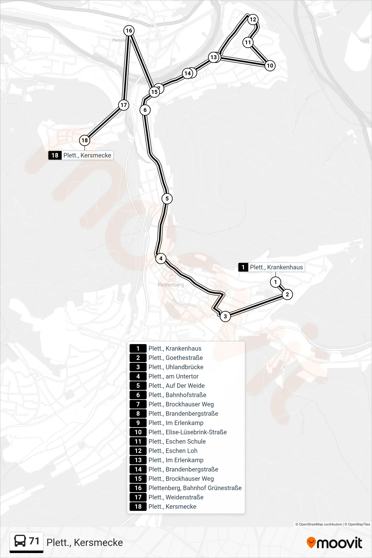 71 bus Line (Plett., Kersmecke) route and stops on a map