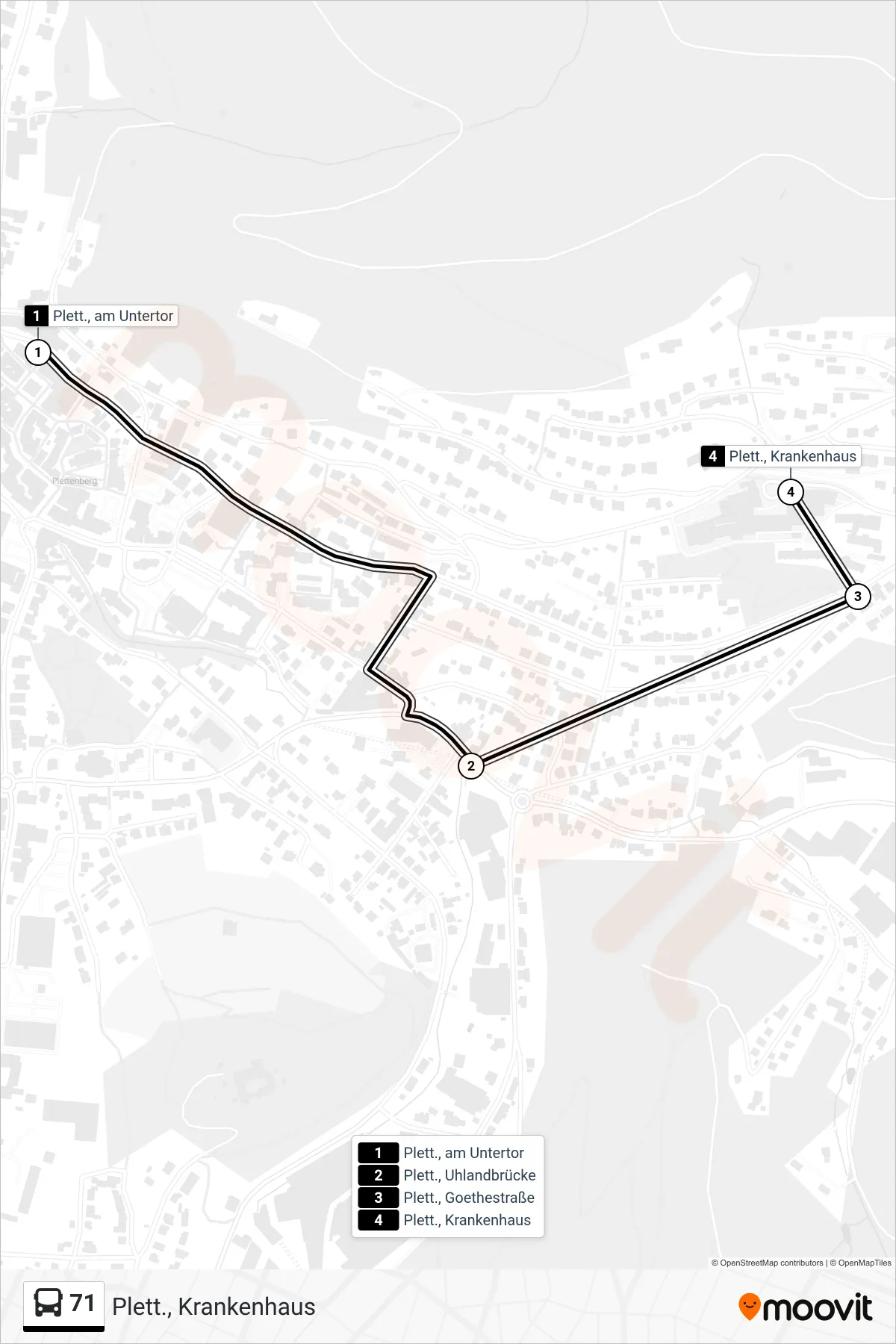 71 bus Line (Plett., Krankenhaus) route and stops on a map